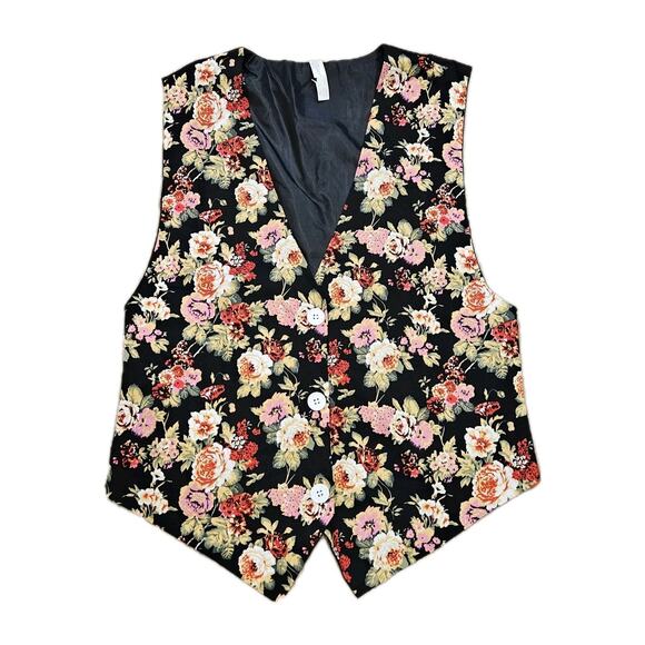 Vtg Floral Vest Womens M Beige Red Waistcoat Boho Cottagecore Retro Artsy - Picture 1 of 7